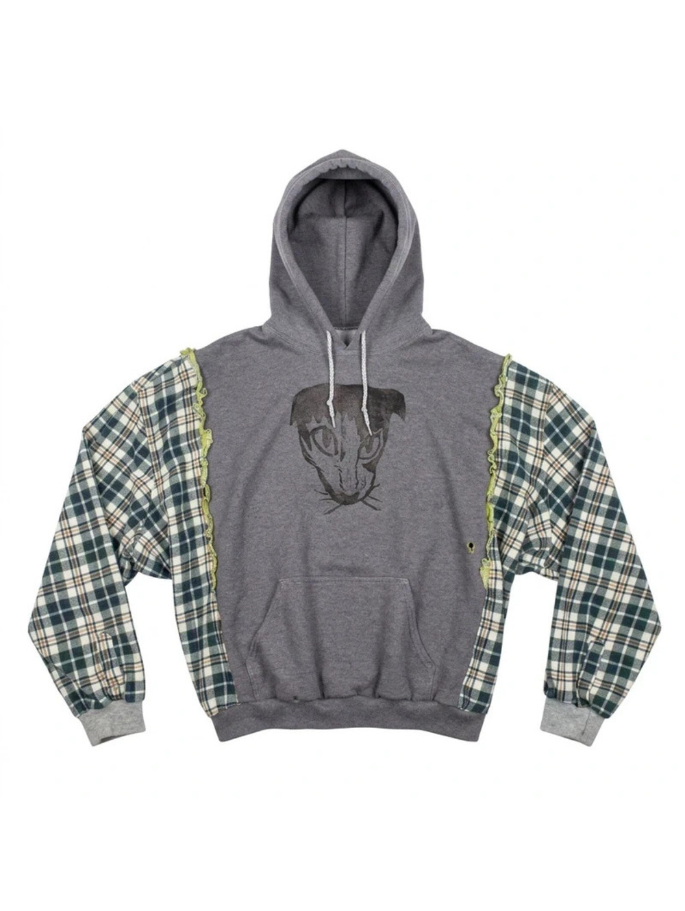 Marchioness of Bohemia OOAK Upcycled Hoodie L Lino Print Cat Plaid Sleeves